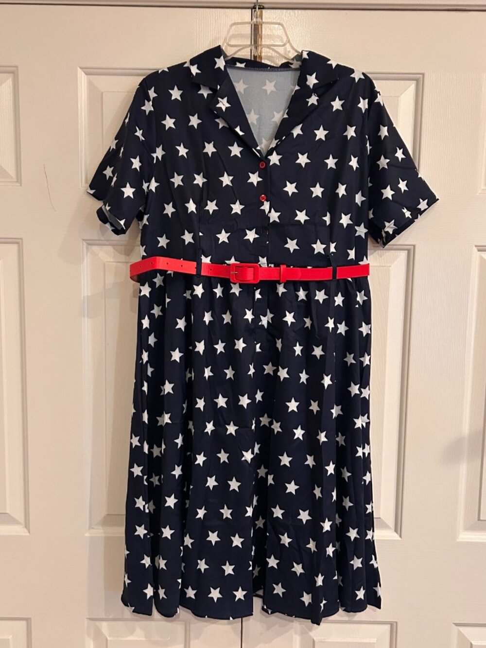 Patriotic 1950s-style Navy with White Stars Dress and Red Belt L/XL